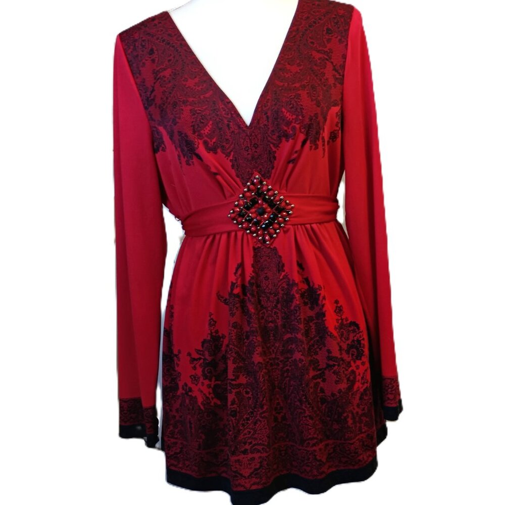 Tunic or Dress Deep V Front Back Self Tie Belt Beaded Detail Long Sleeve Large